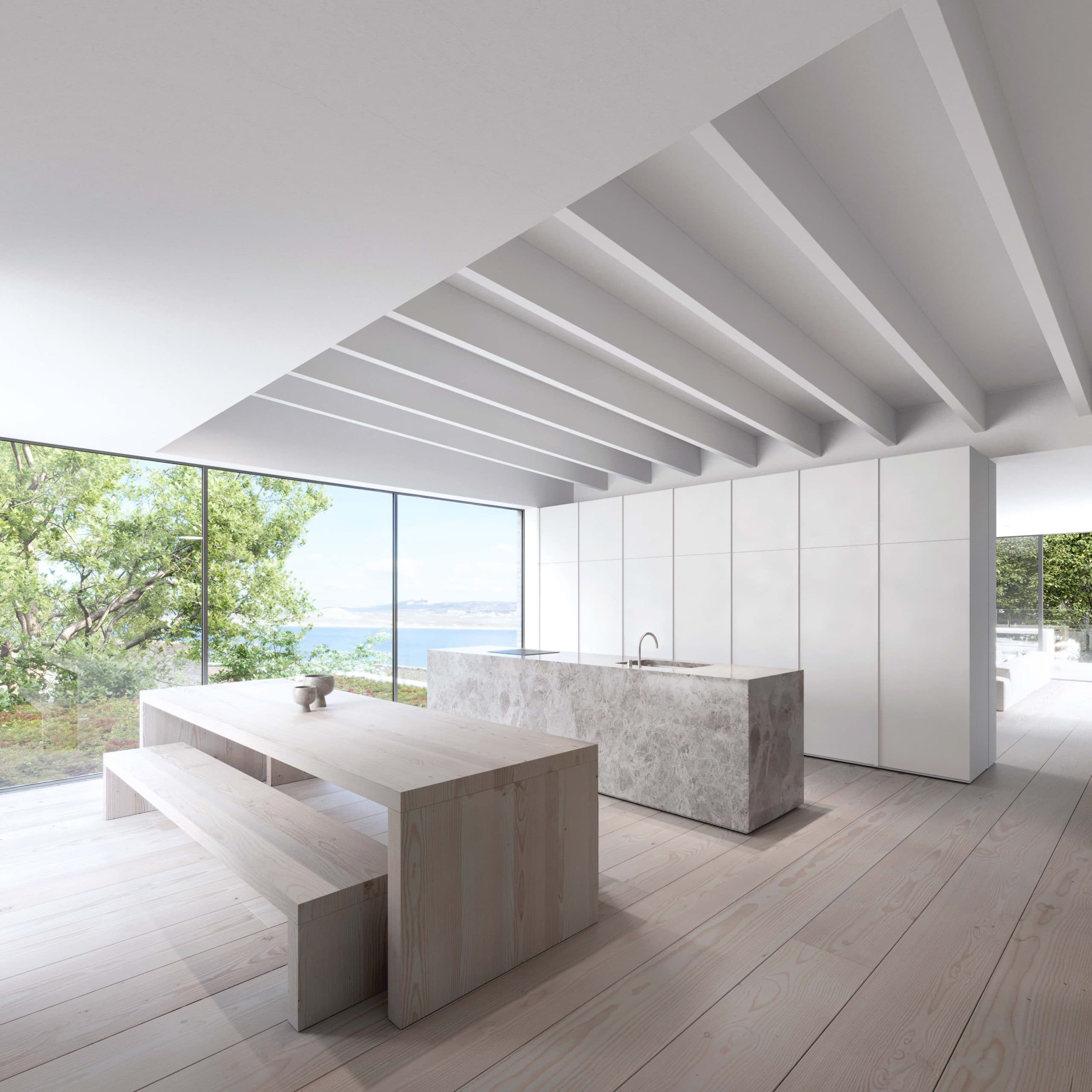 CGI of kitchen, diner and sea view from garden of St Ives plot for sale