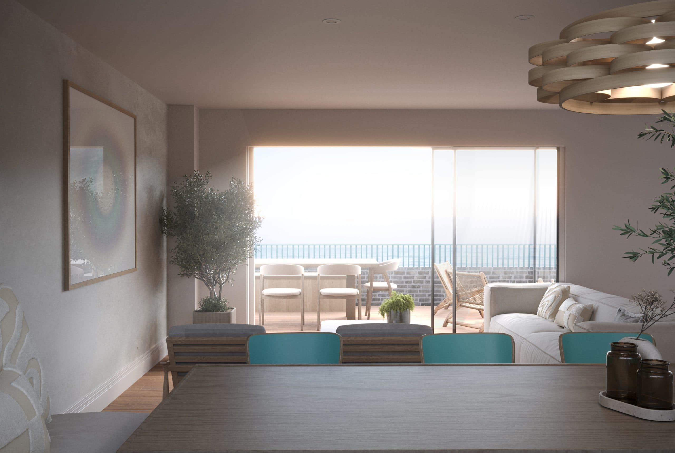 CGI of living room of Self build plots for sale on the beach at Greatstone, Kent, via The Land Agency