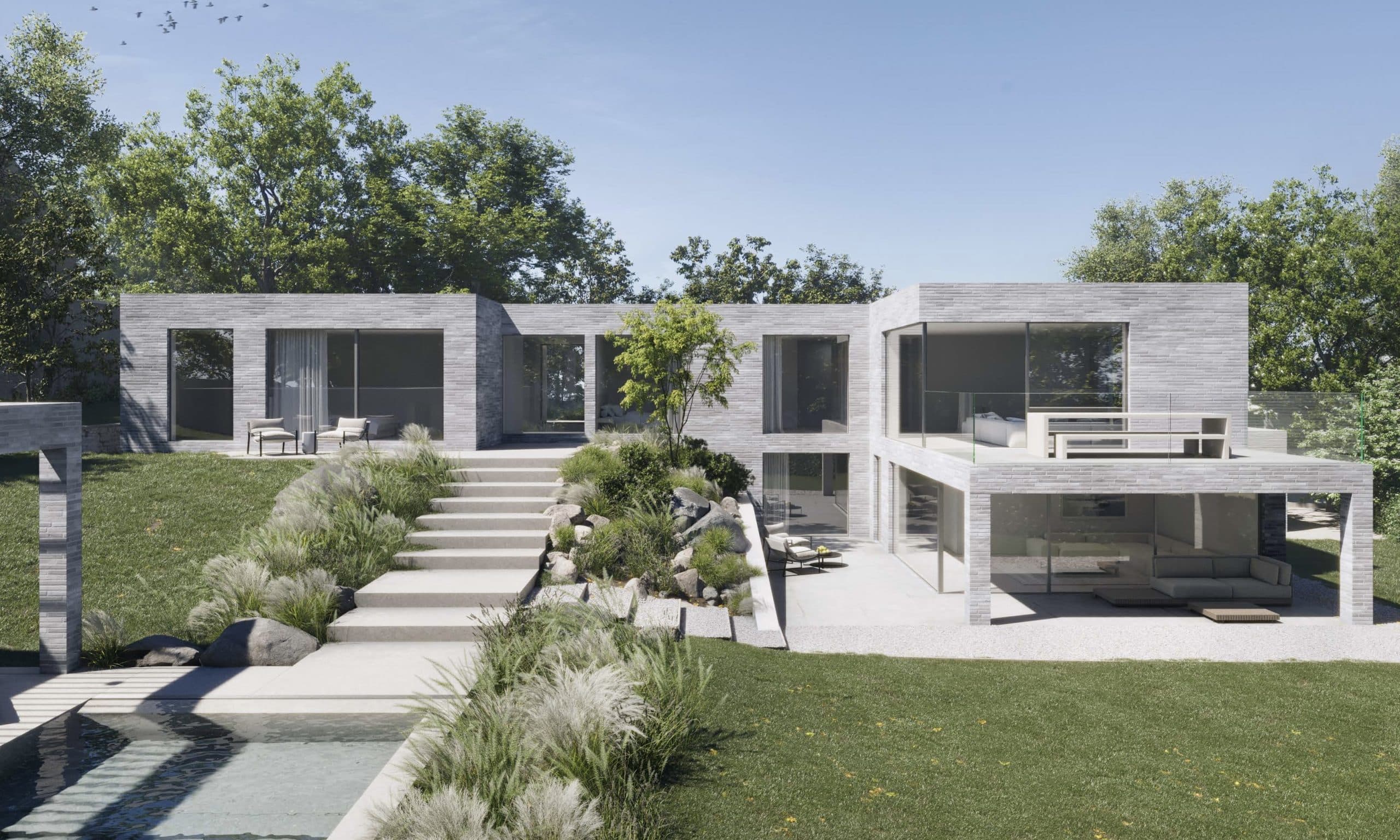 CGI of rear elevation of self build plot of 1,495 sqm for sale in coastal town of St Ives, Cornwall. Opportunity to extend and remodel 1960s house with beautiful private gardens.