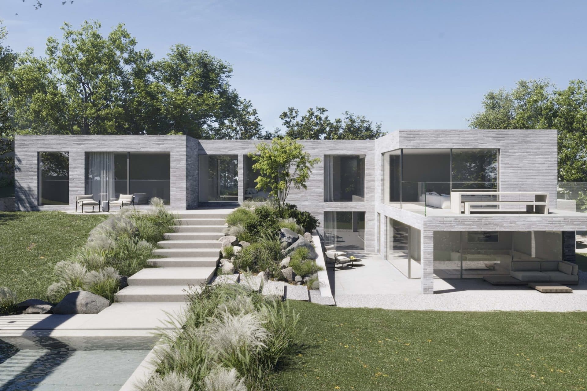 CGI of rear elevation of self build plot of 1,495 sqm for sale in coastal town of St Ives, Cornwall. Sold via The Land Agency, Hastings, East Sussex