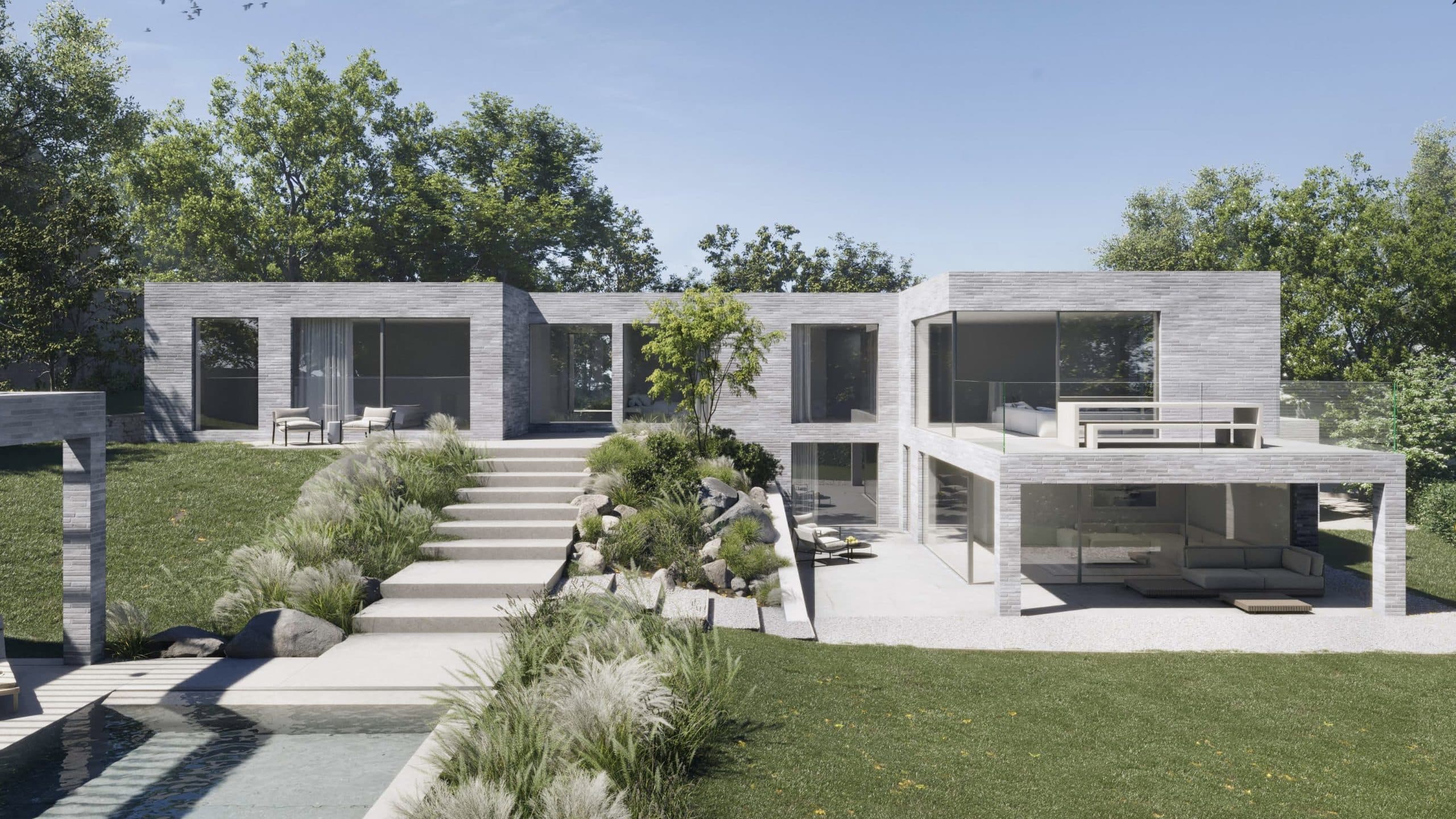 CGI of rear elevation of self build plot of 1,495 sqm for sale in coastal town of St Ives, Cornwall. Sold via The Land Agency, Hastings, East Sussex